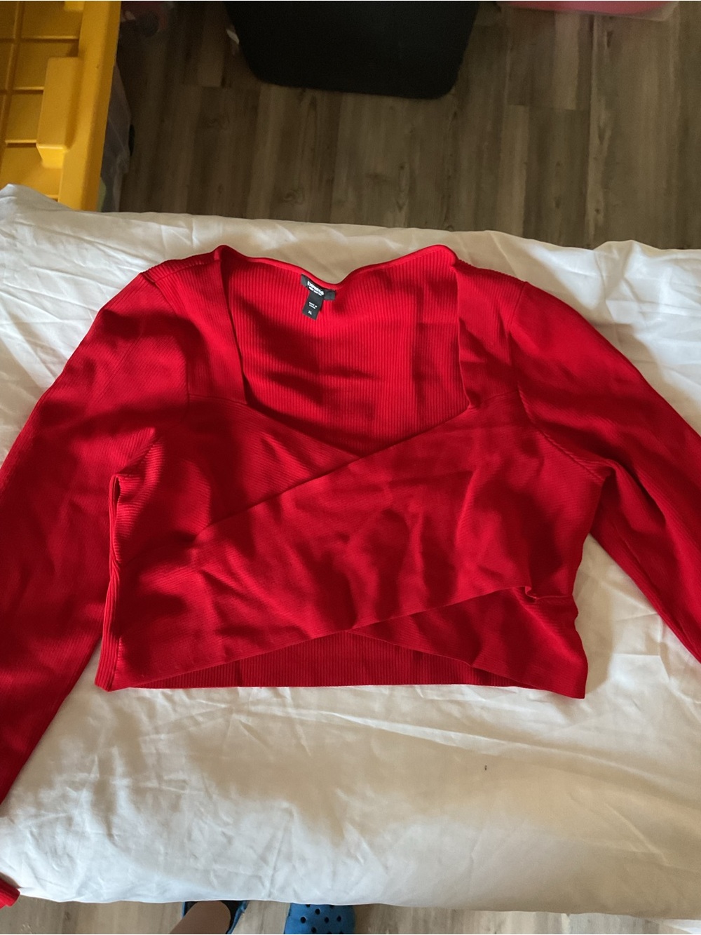 Express Red Ribbed Wrap-Front Crop Top Body Contour